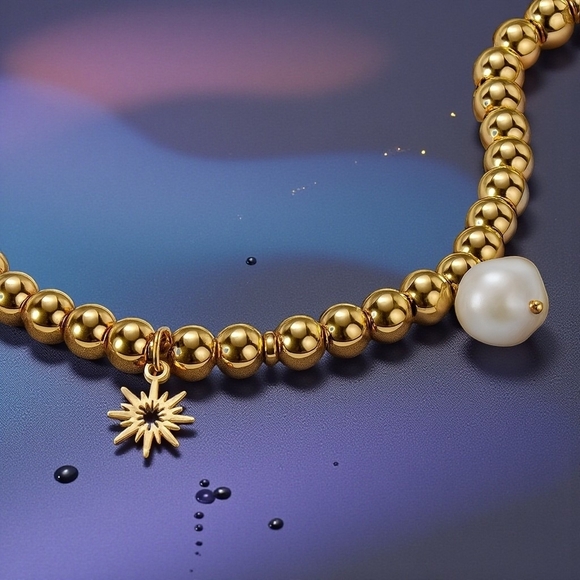๐๏ธ18K Gold Plated Stainless Steel Beaded Bracelet with Sun & Pearl Charms โจ - Picture 7 of 14